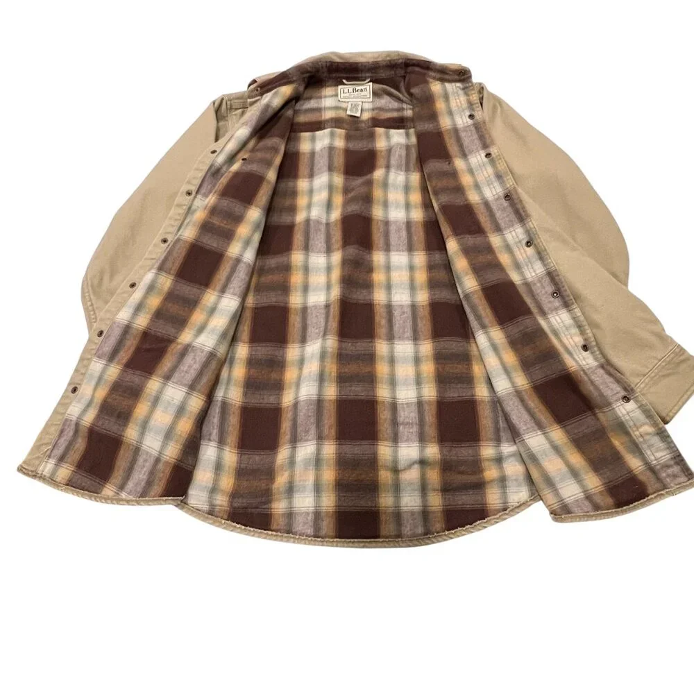 LL Bean Cotton Canvas Flannel Lined Work Shirt, Khaki, M